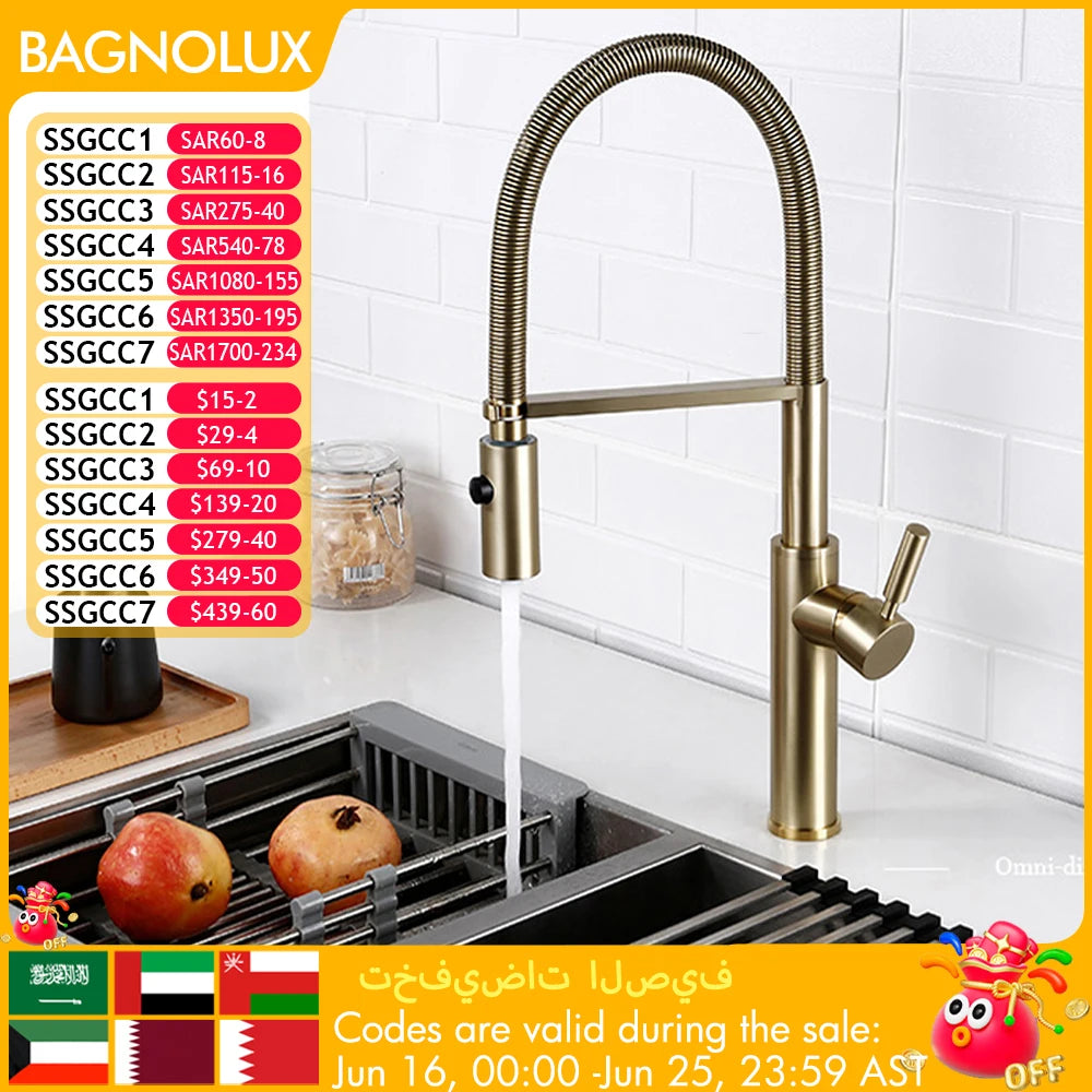 Brushed Gold Kitchen Faucets Brass Mixer for Kitchen Sink Single Lever Pull Out Spring Spout Tap Hot Cold Water 1036