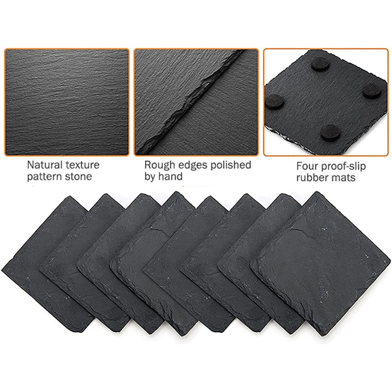 8pcs Engraving Blank Square Slate Stone Coasters 4in Black Drinks Coasters with Bottom and Holder Wedding Anniversary Party Gift