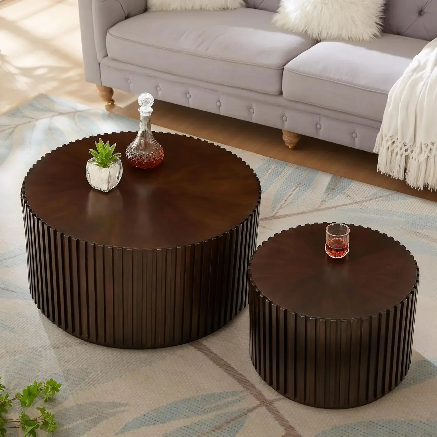 Round Wood Coffee Table Set of 2, Handcraft Drum Side Table for Living Room, Modern Circle Wooden End Table Set
