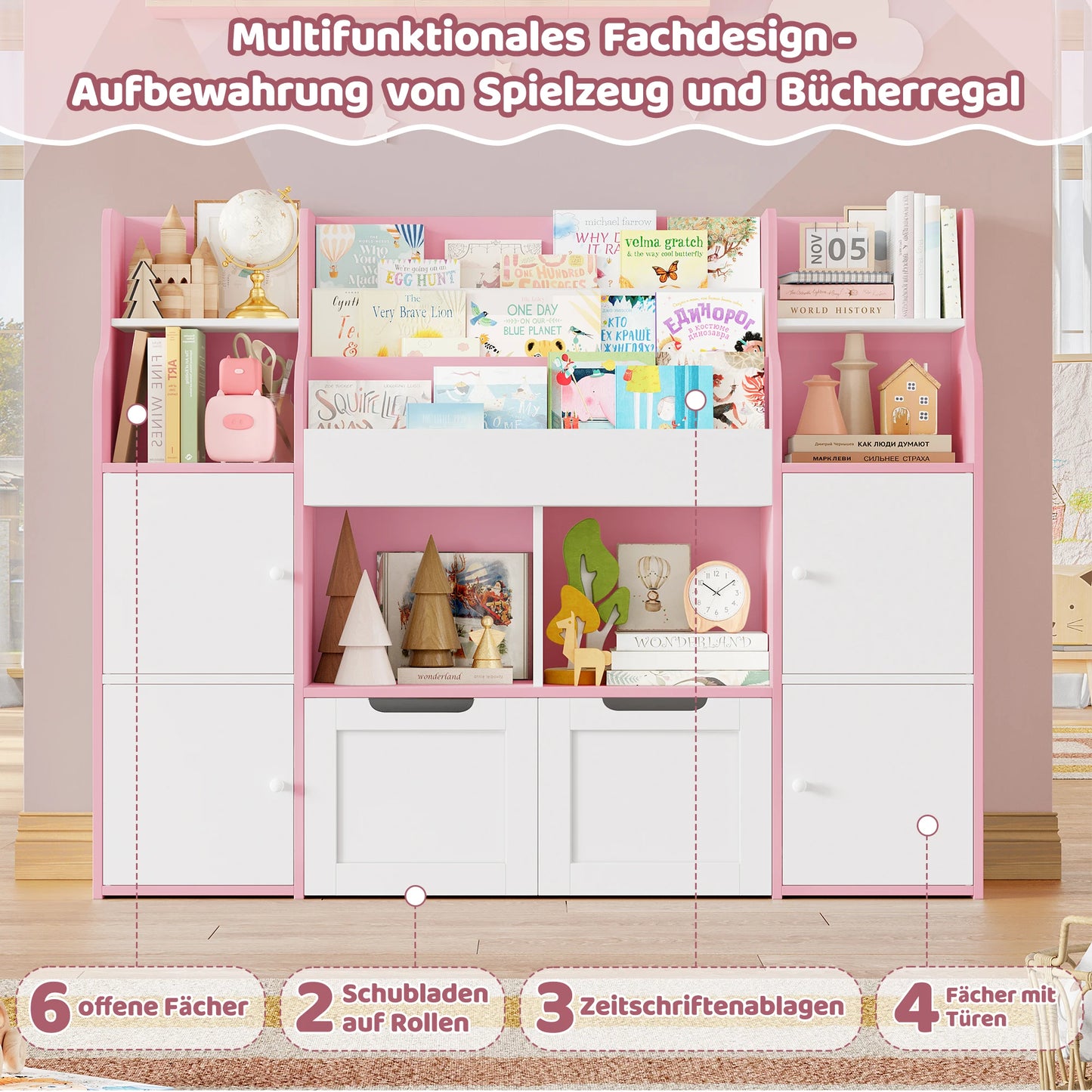 Getone CHILDREN'S room, children's shelf furniture, toys chest, Bookcase, CHILDREN'S wardrobe with 13 shelves 2 doors 2 drawers 122x30x100cm