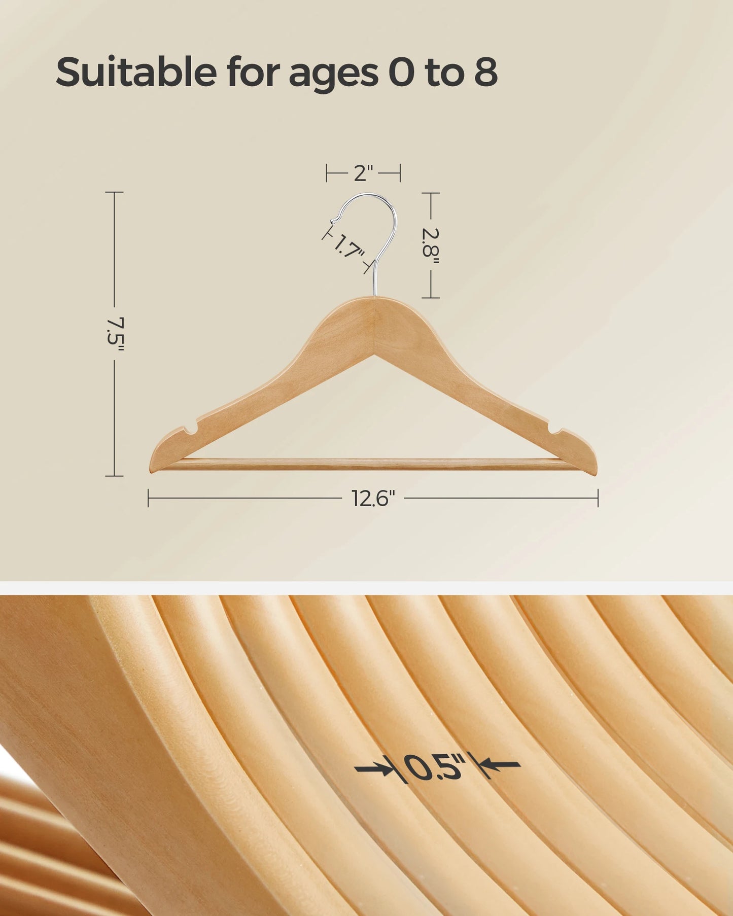 SONGMICS Kids Wooden Hangers 20 Pack, Solid Wood Baby Hangers, Children's Coat Hangers with Pants Bar, Shoulder Notches