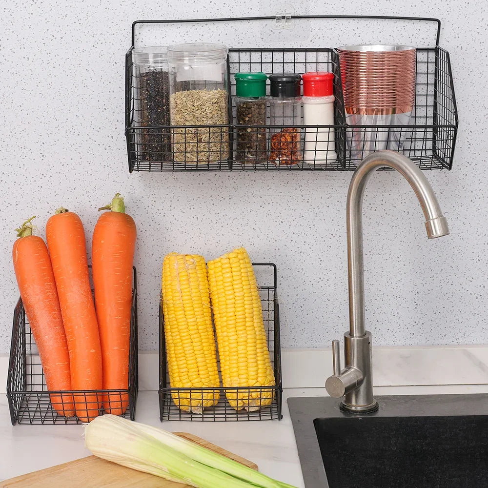 Kitchen Wall Mounted Storage Rack Vegetables Fruits Holder Onion Garlic Condiments Spice Single Layer Storage Shelf Organizer