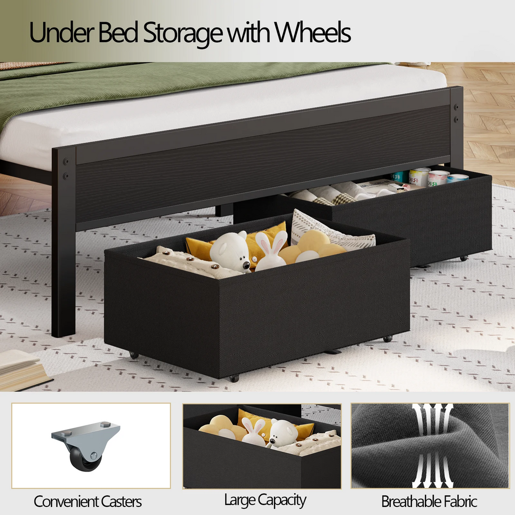 Satifur Full Bed Frames with Charging Station,LED Lights,2 Storage,Grey Upholstered Headboard with Shelves, Metal Platform Bed