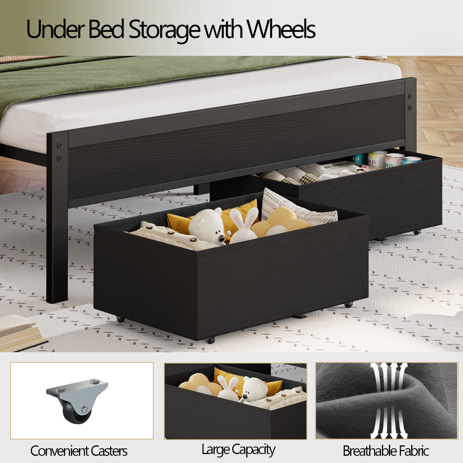 Satifur Full Bed Frames with Charging Station,LED Lights,2 Storage,Grey Upholstered Headboard with Shelves, Metal Platform Bed