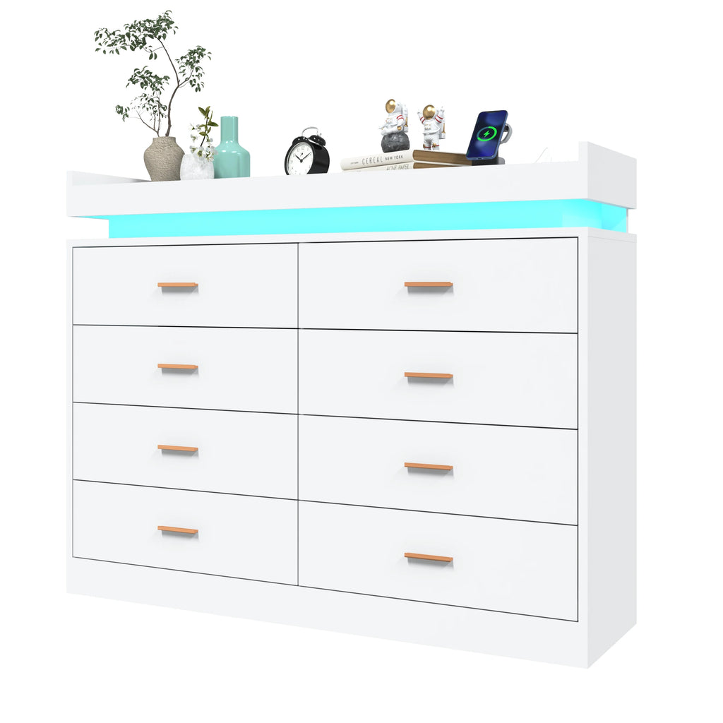 8 Drawer Dresser with LED Light, Modern Chest of Drawers for Closet, 47" Wide Drawer Organizer Cabinet for Bedroom, Living Room