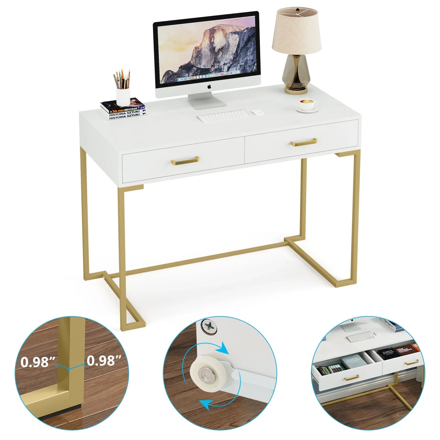 Tribesigns Vanity Desk with 2 Drawers,White and Gold Small Makeup Vanity,Modern Vanity Table Dressing Desk for Women Girls Gift