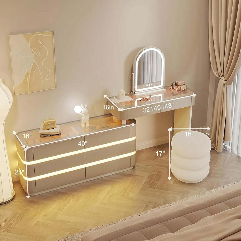 Vanity Set Solid Wood Vanities Desk with LED Smart Mirror and Drawers Modern Vanity Table with Glass Countertop and Makeup Stool