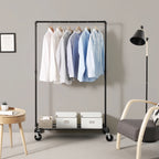 SONGMICS Heavy Duty Metal Clothes Rack on Wheels, Holds 90 kg, Industrial Design, Coat Stand with 1 Clothes Rail and Shelf