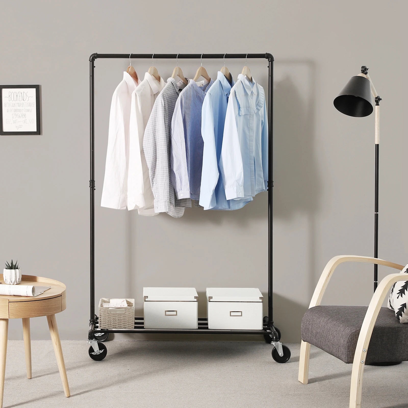 SONGMICS Heavy Duty Metal Clothes Rack on Wheels, Holds 90 kg, Industrial Design, Coat Stand with 1 Clothes Rail and Shelf