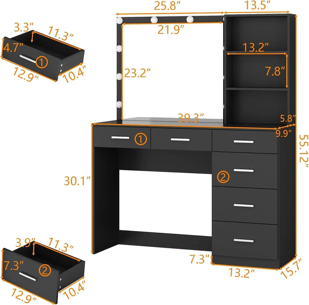 Vanity Desk with Lighted Mirror & Power Outlet, Makeup Vanity Table with 6 Drawers, 3-Tier Shelf, Vanity Dresser with