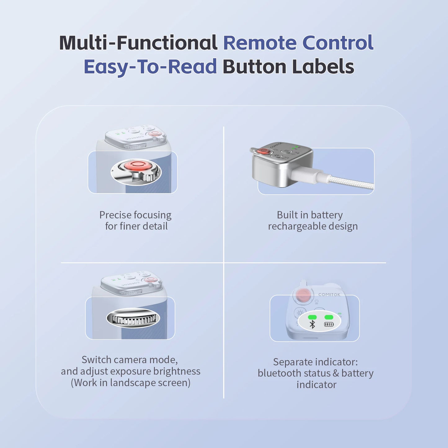 COMITOK iPhone Photo Assistant 1-Click Camera Wake/Lens Flip, DSLR Shutter, Focus/Exposure Control Ergonomic Rechargeable Remote