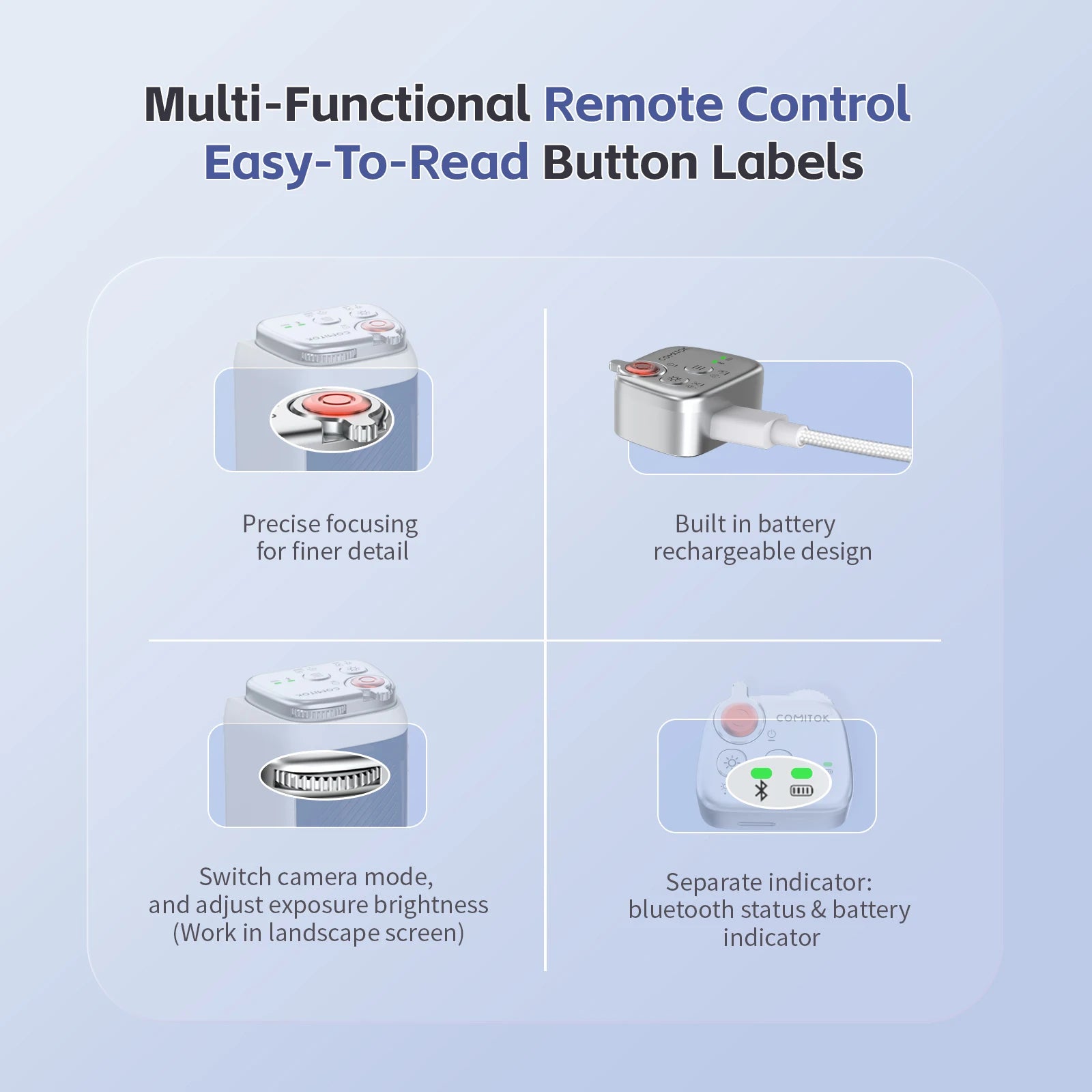 COMITOK iPhone Photo Assistant 1-Click Camera Wake/Lens Flip, DSLR Shutter, Focus/Exposure Control Ergonomic Rechargeable Remote