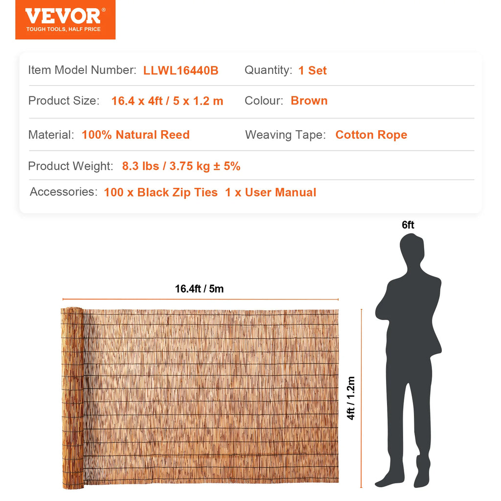 VEVOR Natural Reed Fencing 5.5 ft x 16.4 ft Balcony Reed Fence Roll for Outdoor Backyard Patio Backyard Garden Fencing Divider