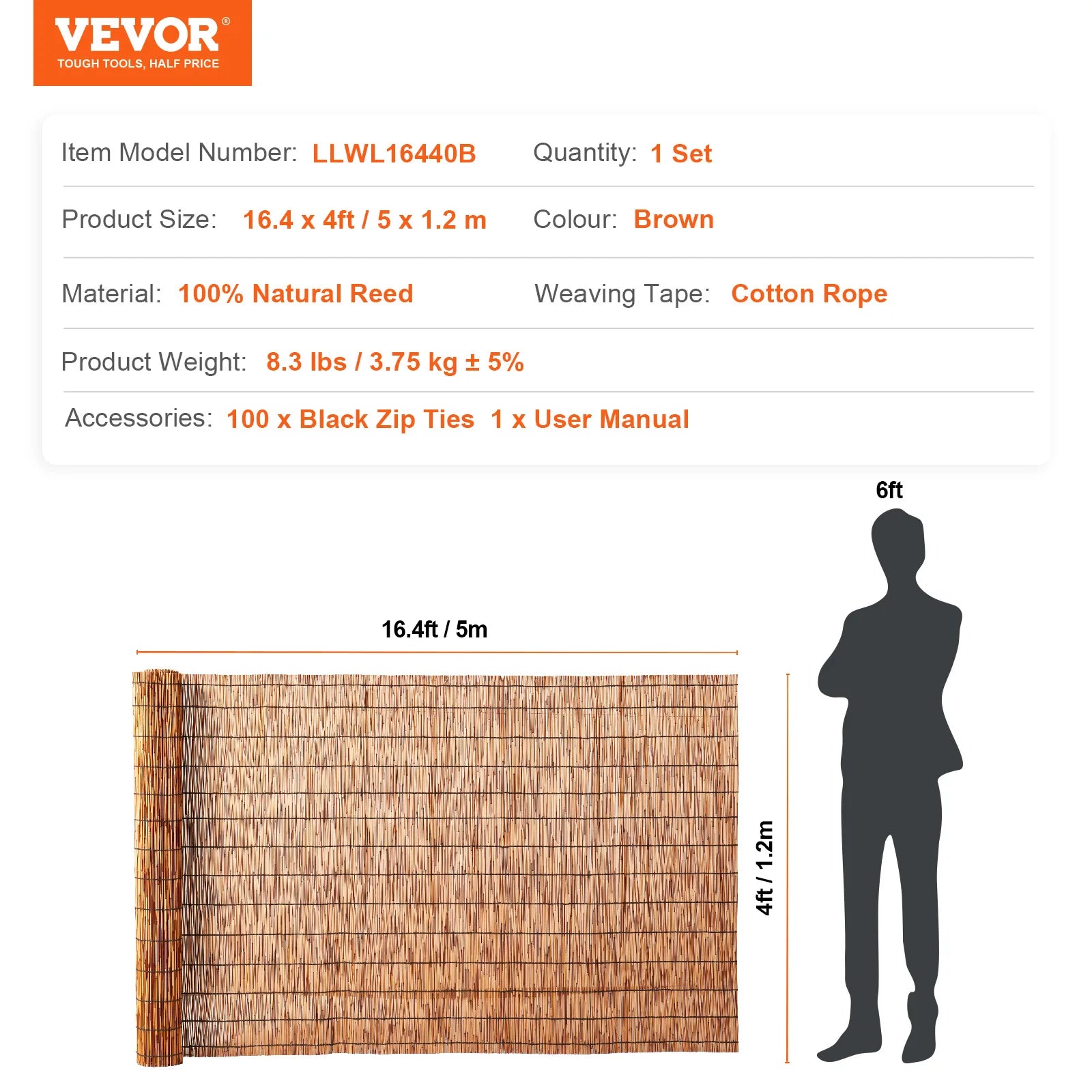 VEVOR Natural Reed Fencing 5.5 ft x 16.4 ft Balcony Reed Fence Roll for Outdoor Backyard Patio Backyard Garden Fencing Divider