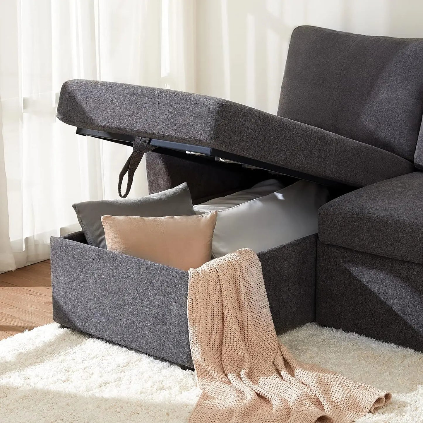 Grey Linen Sleeper Sofa / Sofa Bed - 2-in-1 Pull Out Couch w/ Storage Chaise, Living Room | AlluCanFind