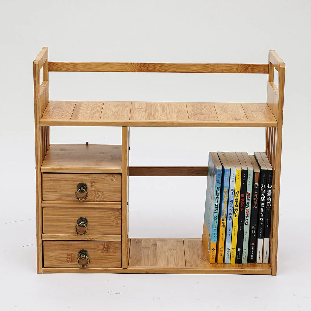 Bamboo Desktop Bookshelf with 3 Drawers, Desktop Storage Cabinet, Office Storage Organizer Student Desktop Multi-Layer Shelf