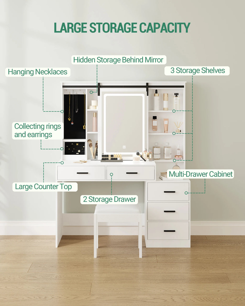 Dressing Table with Adjustable LED Lighting, Removable Large Mirror, with Jewelry Storage, Open Shelves, 5 Drawers,  White