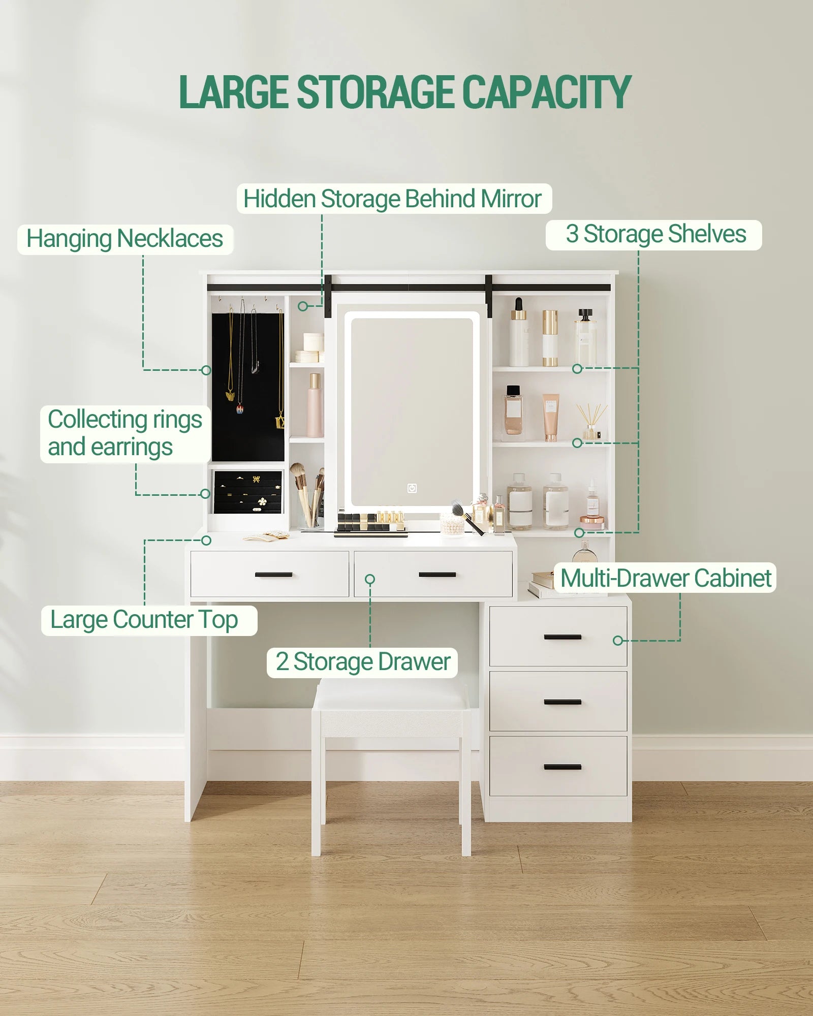 Dressing Table with Adjustable LED Lighting, Removable Large Mirror, with Jewelry Storage, Open Shelves, 5 Drawers,  White