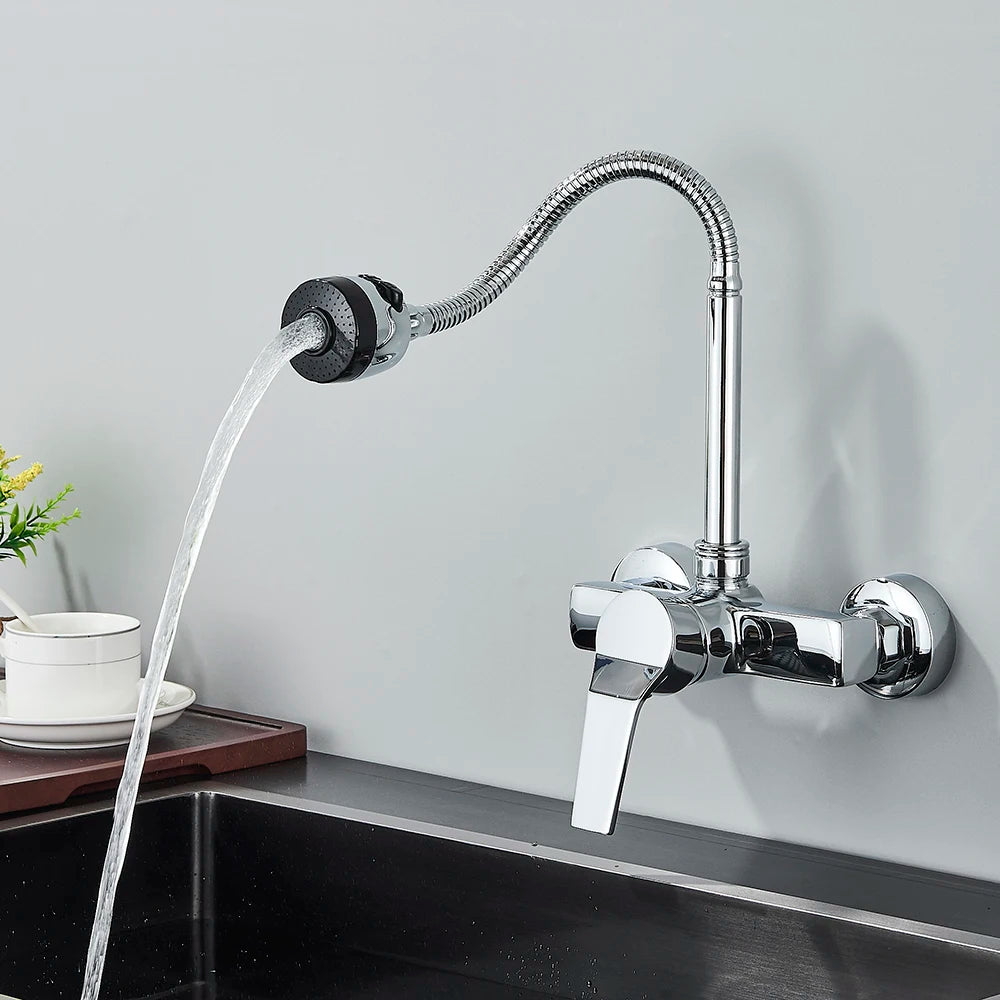 Wall Mounted Double Hole Kitchen Lead Free Hot and Cold Water Mixing Faucet Water Flow Spray Aerator 360 Degree Rotating Hose