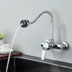 Wall Mounted Double Hole Kitchen Lead Free Hot and Cold Water Mixing Faucet Water Flow Spray Aerator 360 Degree Rotating Hose
