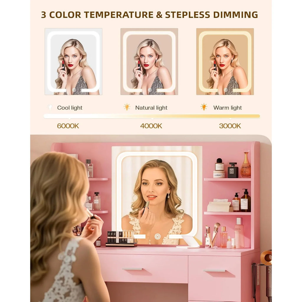 Large Makeup Vanity Desk. Pink, 43.3'Wx15.7'Dx53.2'H (Samrt LED Mirror, 4 Open Shelves, 7 Drawers, Hairdryer Rack, Power-Outet)