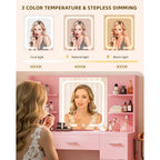 Large Makeup Vanity Desk. Pink, 43.3'Wx15.7'Dx53.2'H (Samrt LED Mirror, 4 Open Shelves, 7 Drawers, Hairdryer Rack, Power-Outet)