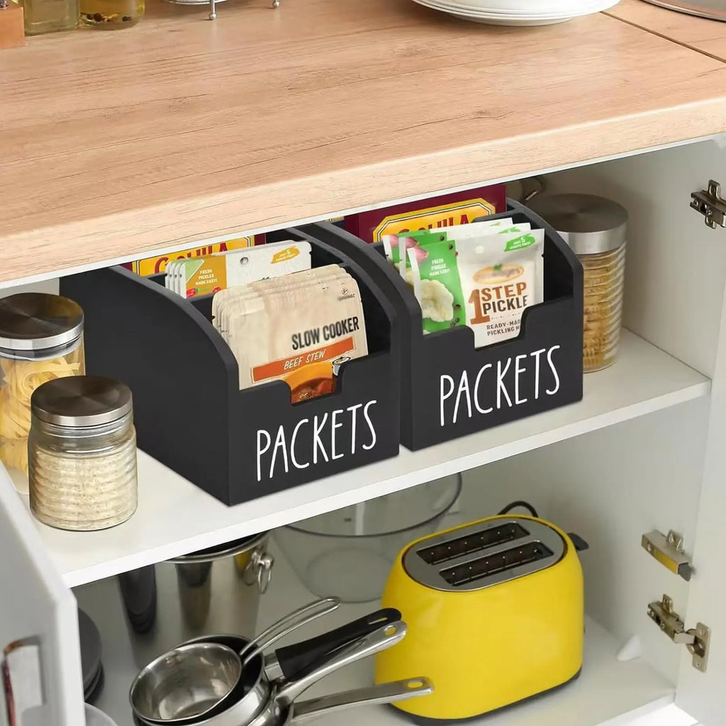 Kitchen spice bag storage box, wooden spice rack with 4 compartments, kitchen counter and pantry food bag organizer