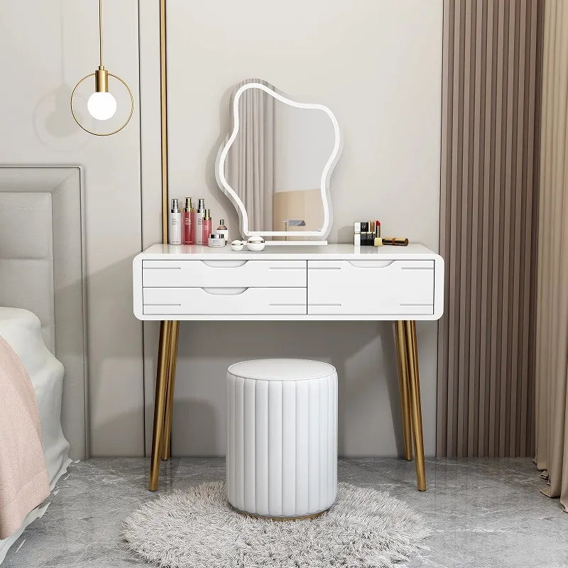 Modern Luxury Dresser Set With Mirror And Lights Mirror Drawer Solid Wood Small Apartment Room White Makeup Furniture Design