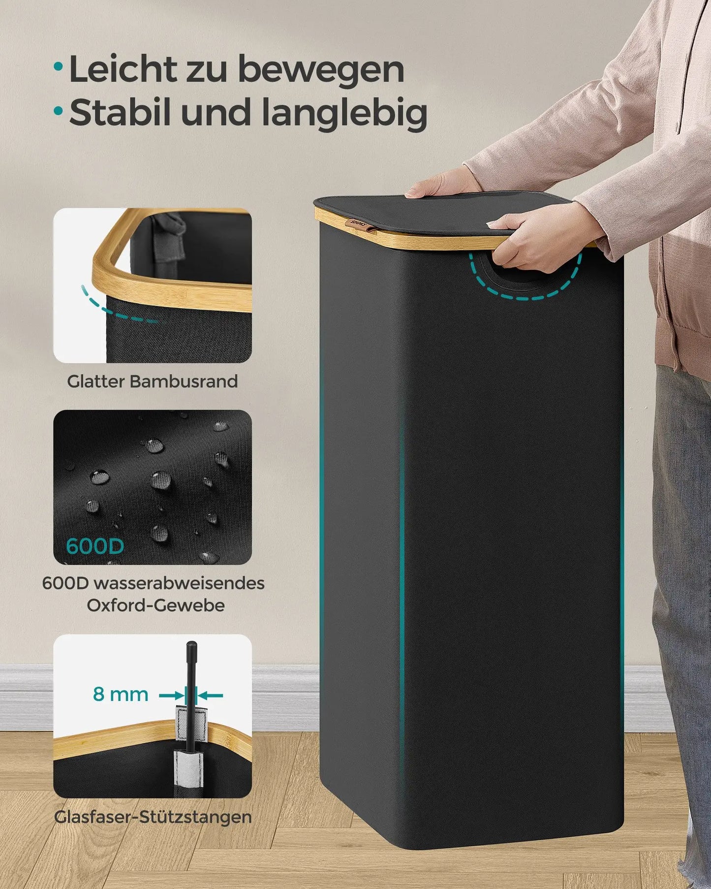 SONGMICS laundry basket with Lid Laundry Collector 90 L Removable Laundry Bag Oxford Fabric Bamboo Handles