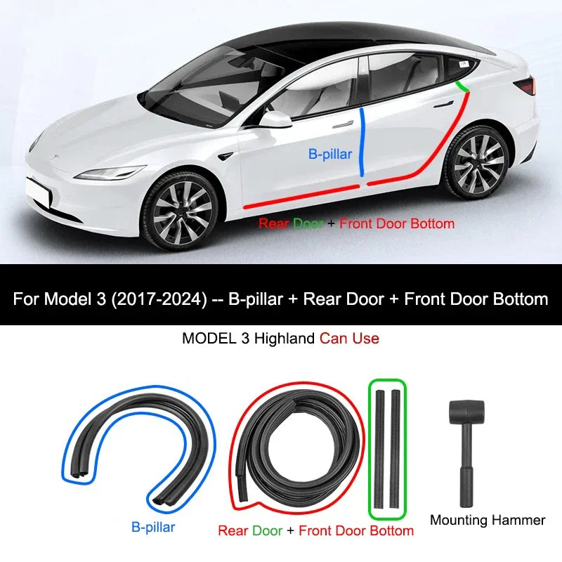 For Tesla Model Y 2021-2024 Door Seal Strip Kit Soundproof Rubber Weatherstrip for Model 3 B-Pillar Sealing Set Noise Reduction