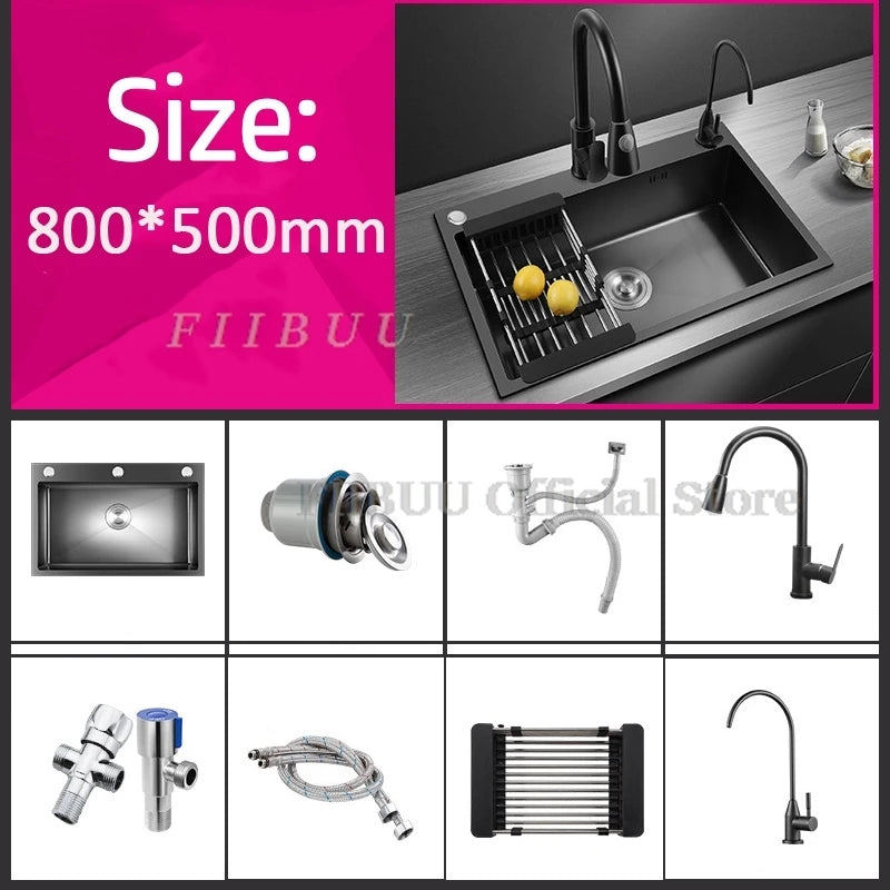 Black Nano Wash Basin Single Sink creative Stainless Steel Kitchen Sinks Drain Set Home Handmade Wash Basin Kitchen Accessories