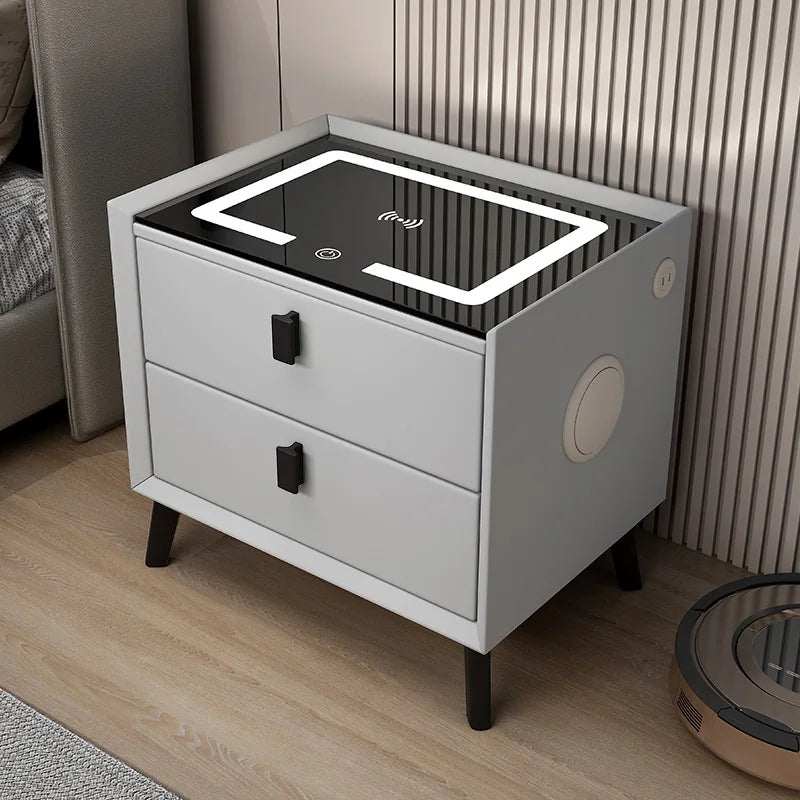 Nordic Style Smart Bedside Table with 2 Drawers 50cm Leather Nightstan