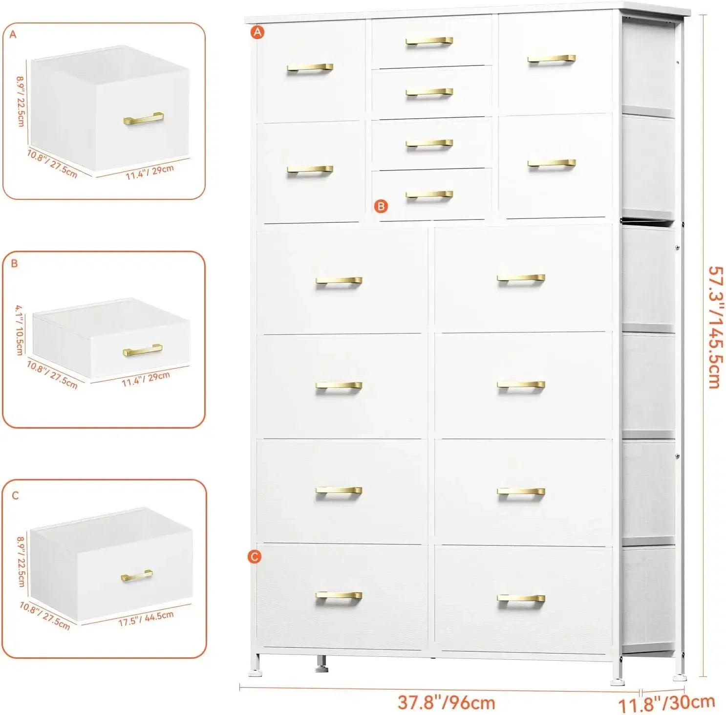 Tall Dresser for Bedroom,16 Drawer Dressers & Chests of Drawers, Fabric Bedroom Dresser with Wood Top, Metal Frame,Storage Tower