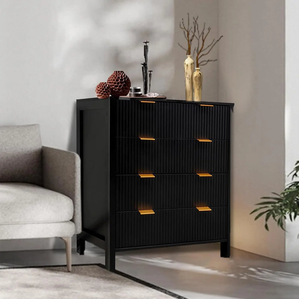 Fluted 4 Drawers Dresser Modern Chest of Drawers Wood Drawer Organizer with Waveform Fluted Panel for Bedroom Living Room