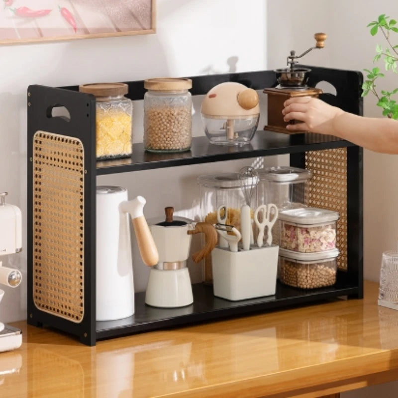 Kitchen Counter Rattan Storage Rack, Home Vanity, Cosmetic Organizer, Spice and Dish Rack, Nan Bamboo Storage Shelf