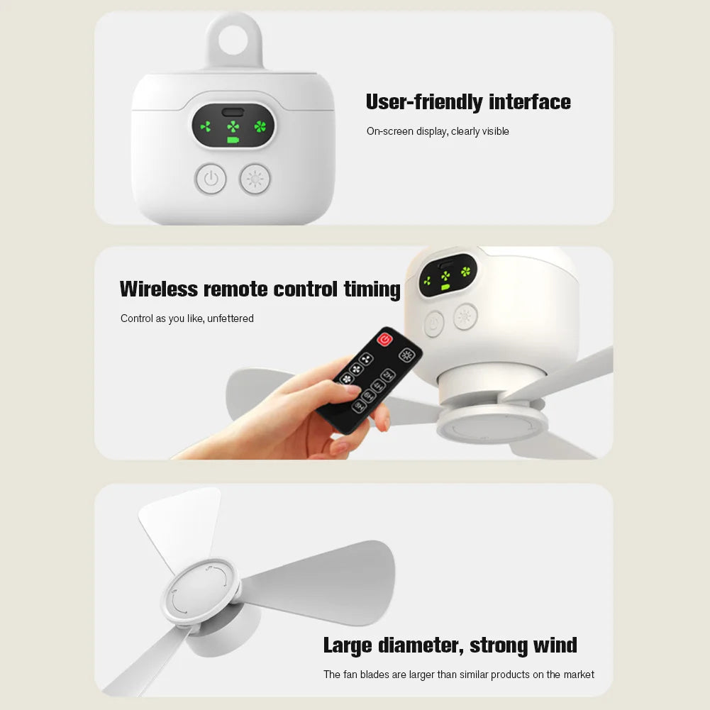 Portable Wireless Ceiling Fan Light Rechargeable Camping Fan with LED