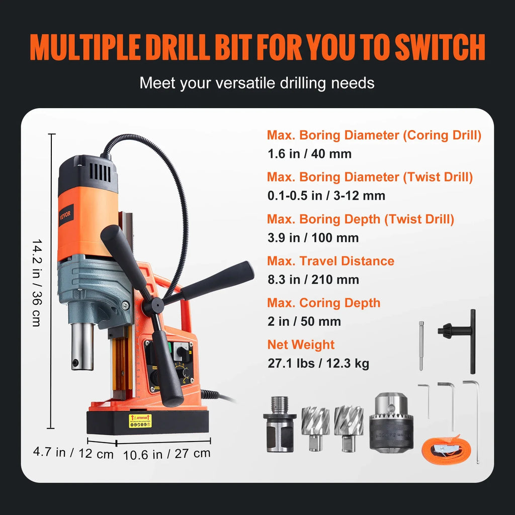 VEVOR 1300W 1400W 2" Electric Drilling Machine Magnetic Drill Press Boring Diameter Power Drill 810 PRM 1-second Release Drill
