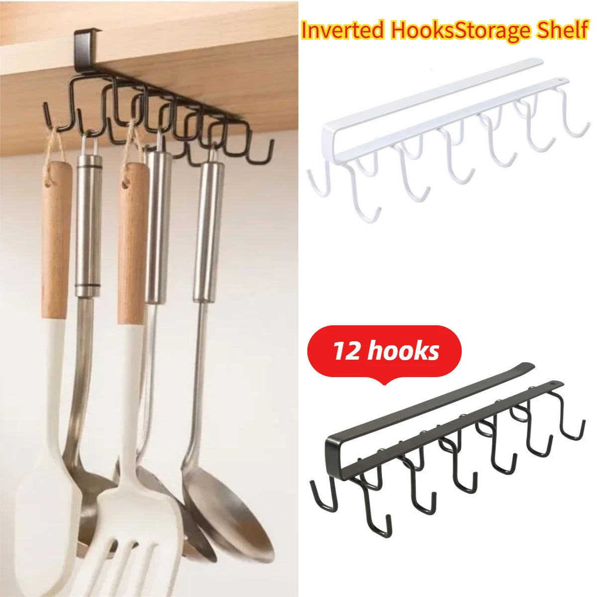 Cabinet Storage Rack Multifunctional Wardrobe Organizing Rack 6/12 Hooks Kitchen Cup Holder No Punching Storage Rack Organizer