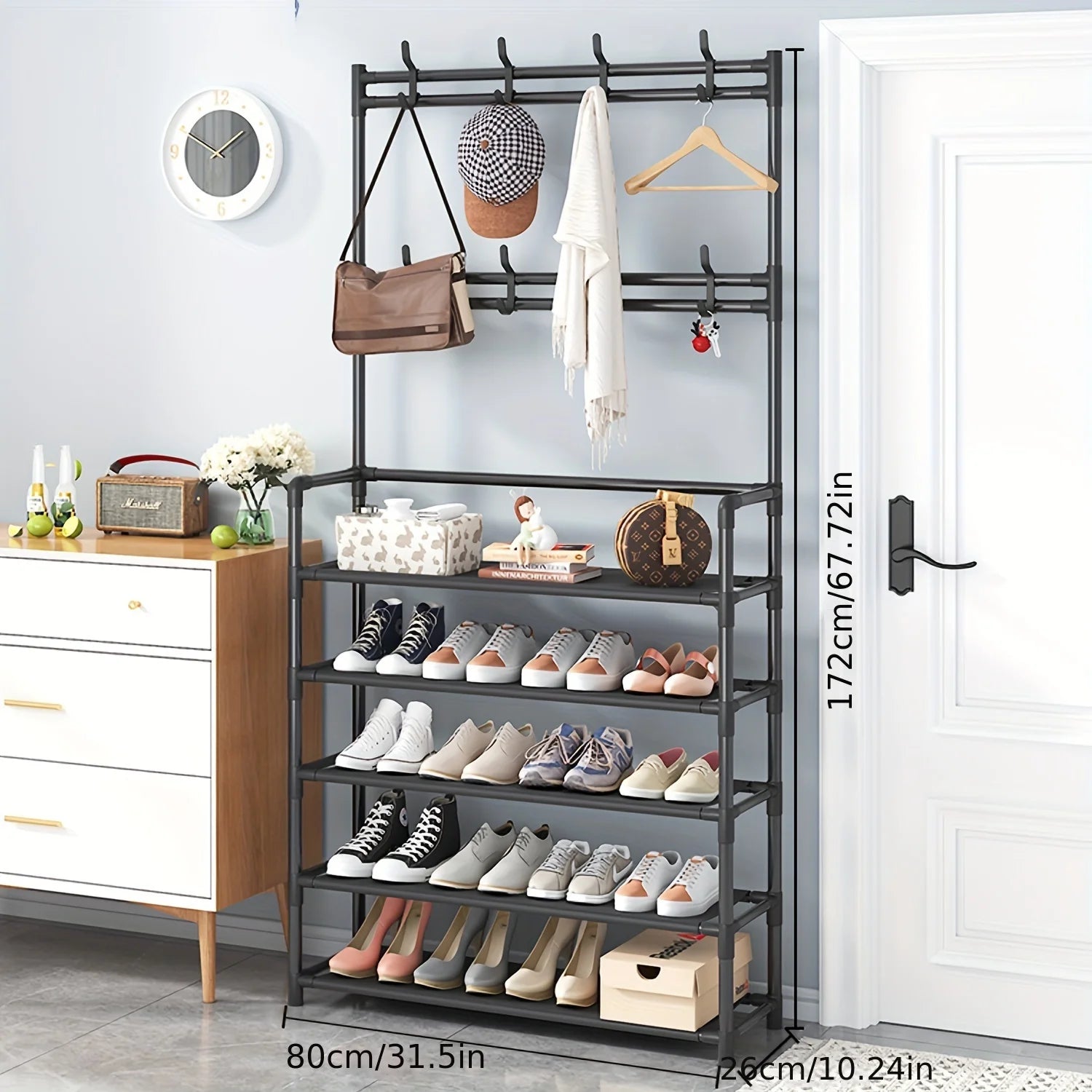 4/5-Tier Metal Coat and Shoe Rack with 8 Hooks ,for Living Room, Bedroom, Office, Shoe Storage Organizer, Shoe Storage Organizer