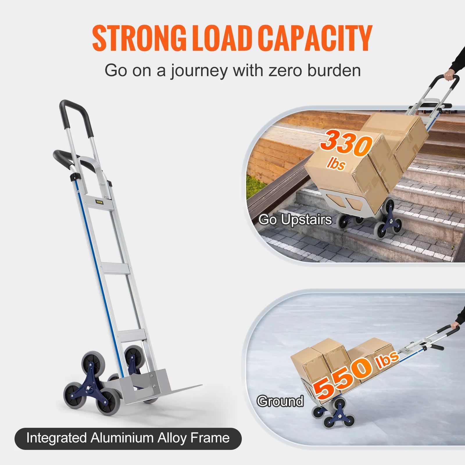VEVOR 550/375/220lbs Stair Climbing Cart Folding Trolley Heavy Duty with Dual Handles Truck Frame for Warehouse Shopping Airport