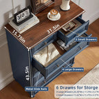 Farmhouse 6 Drawer Dresser, Chest of Drawers for Bedroom, 43.5" Tall Blue Dresser with Roman Column and Metal Handles, Rustic Wo