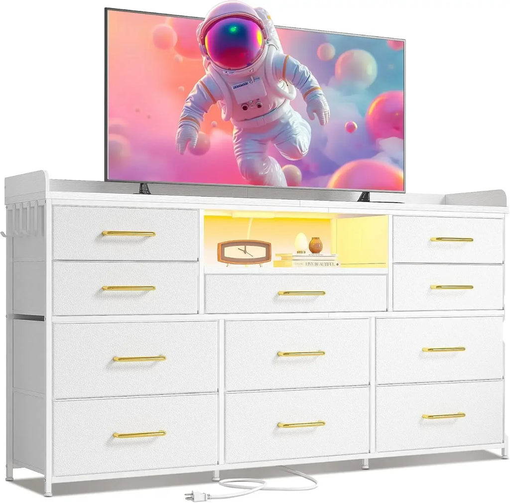 Dresser for Bedroom with 11 Drawers for 60" TV Stand for Bedroom with LED Lights & Charging Station Long Dresser with Shelves