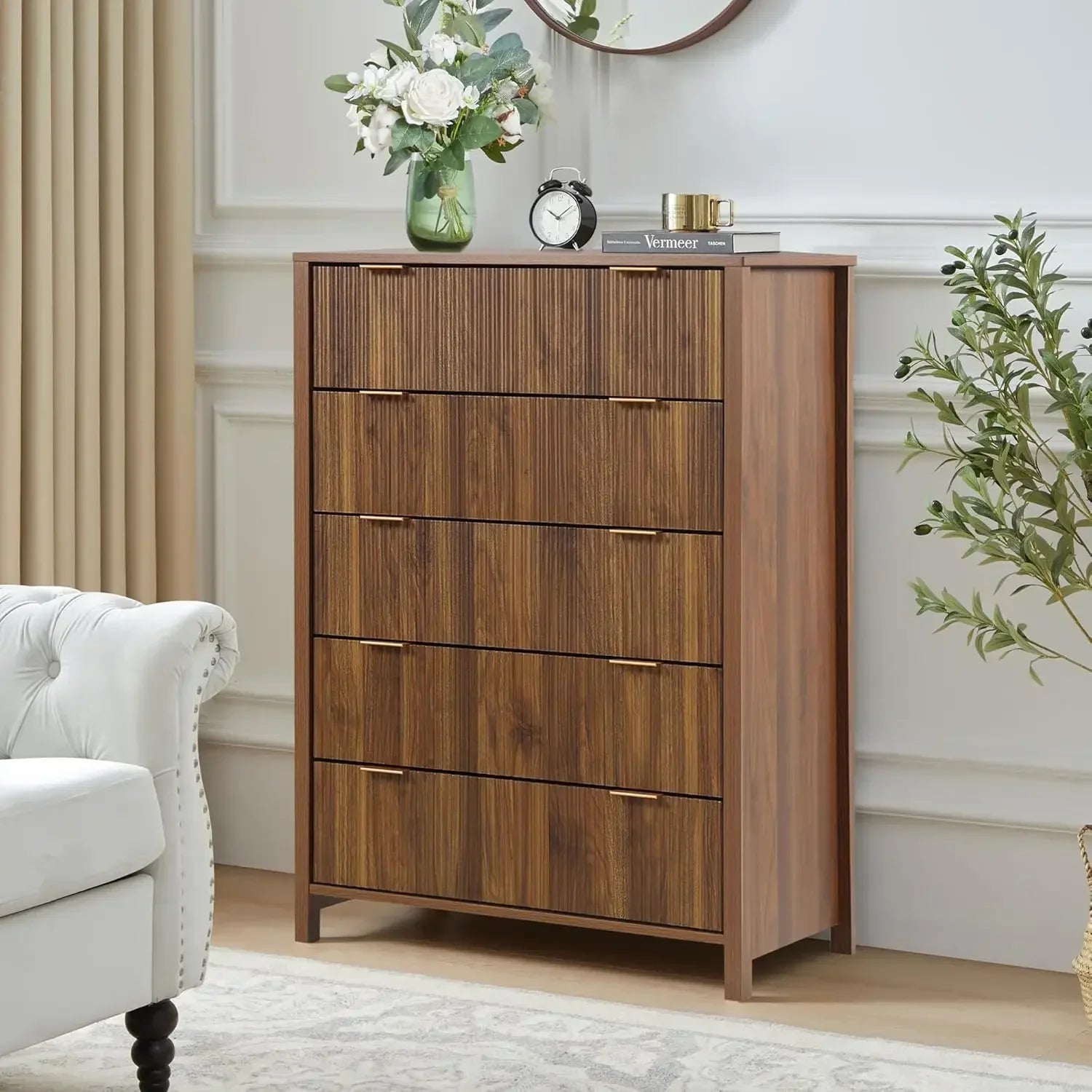 Fluted 6 Drawer Double Dresser for Bedroom, 47" Wide Modern Closet Dressers Chest of Drawers, Wood Storage Dresser Organizer