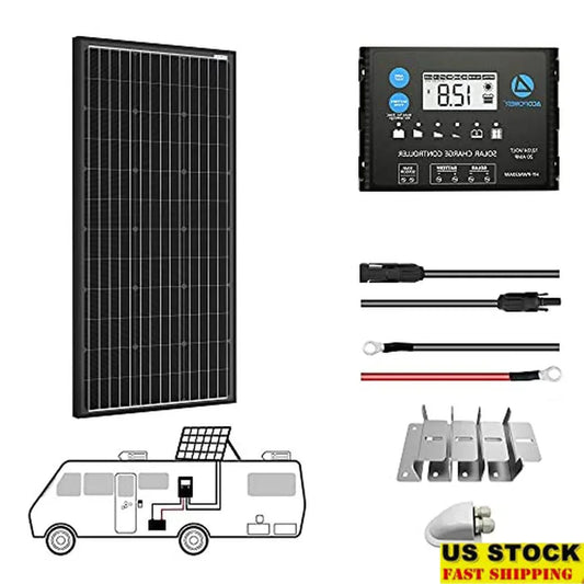 100W Monocrystalline Solar Panel Kit 20A PWM Charge Controller Boat RV Home