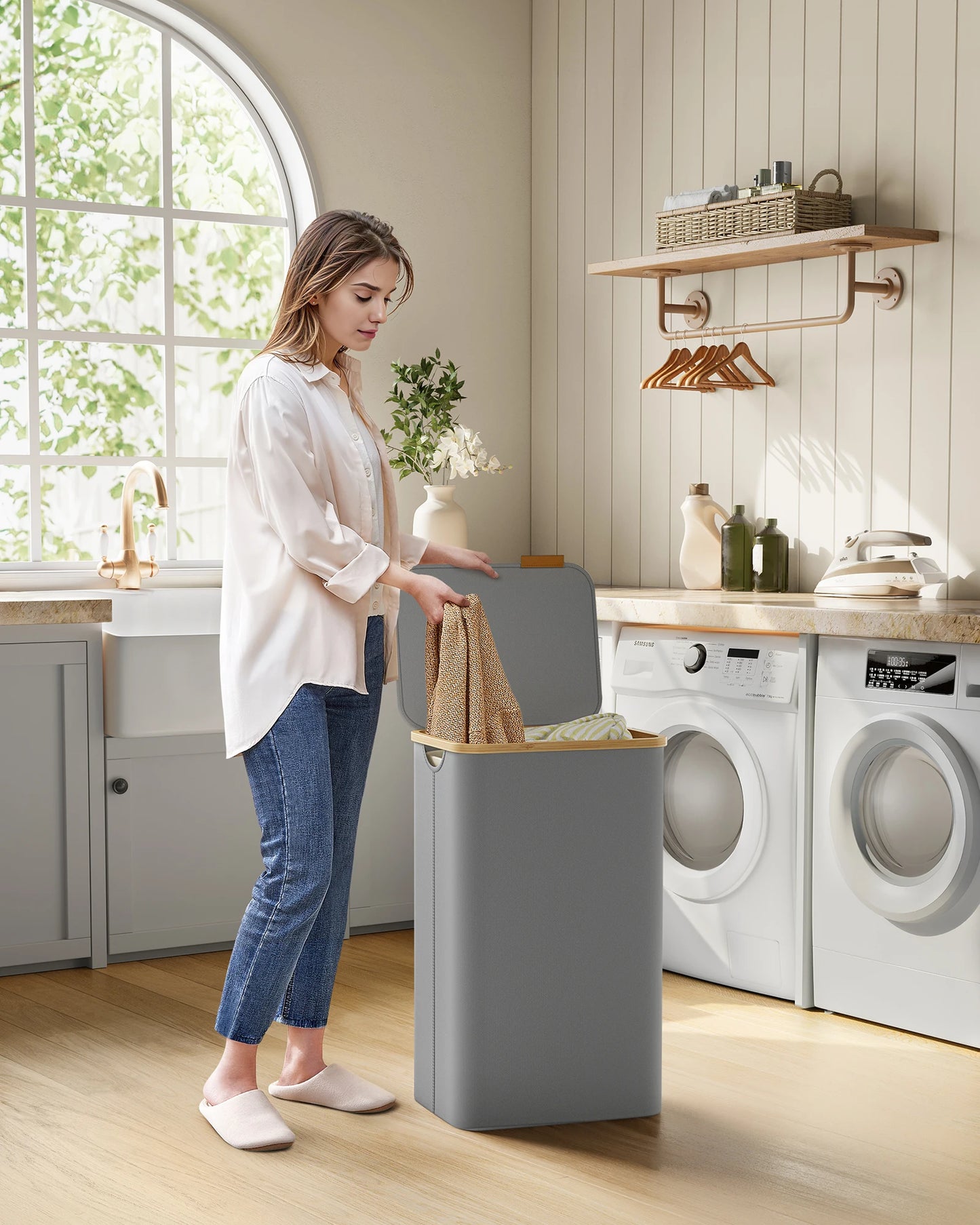 SONGMICS laundry basket with Lid Laundry Collector 90 L Removable Laundry Bag Oxford Fabric Bamboo Handles