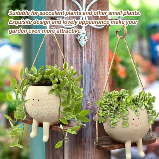Face Head Succulent Pot, Cute Smile Plant Pot Swing Sitting Hanging Planter for Outdoor Indoor, Succulent Planter
