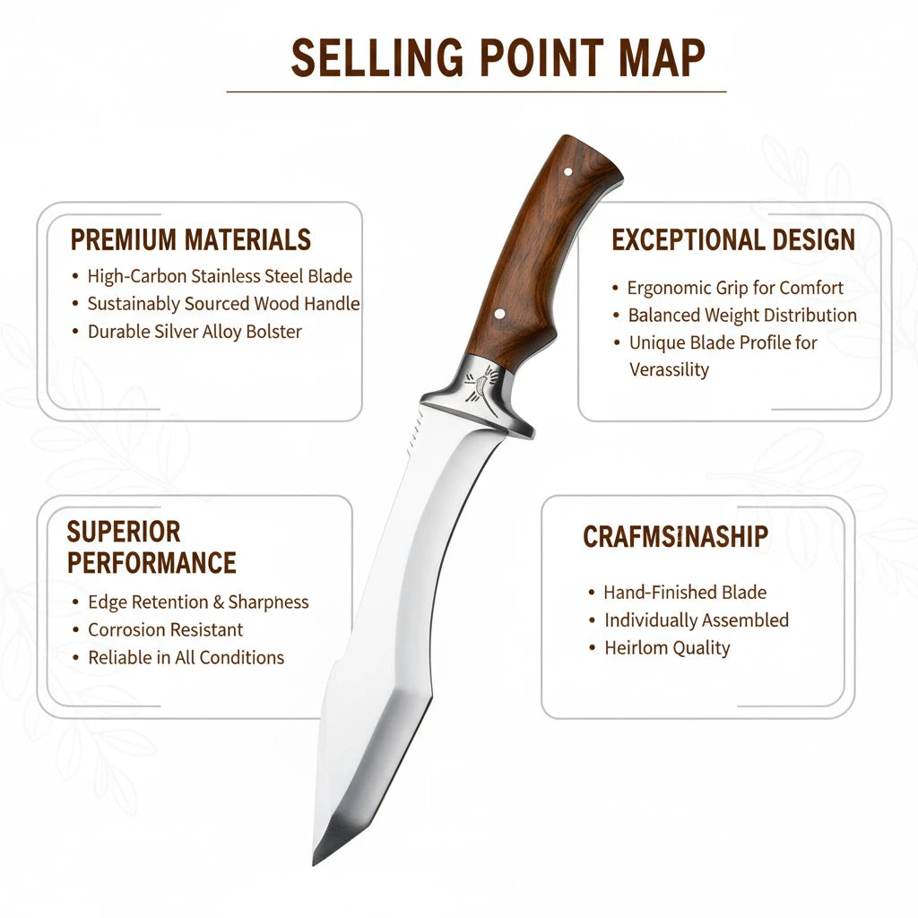 Stainless steel kitchen knife with wooden handle and sheath. Suitable for bone removal and meat/vegetable cutting in the kitchen