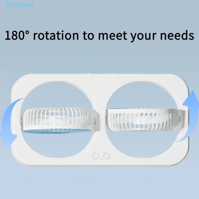 Dual head USB fan with 360 ° rotatable blades, wall mounted and free standing design, rechargeable, suitable for offices, bedroo