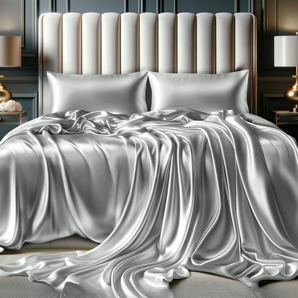 Satin Bed Sheets - 4 Piece Luxury Silky Queen Size Bedding Set, Wrinkle-Free with 15” Deep Pocket Fitted Sheet, Bedding Set
