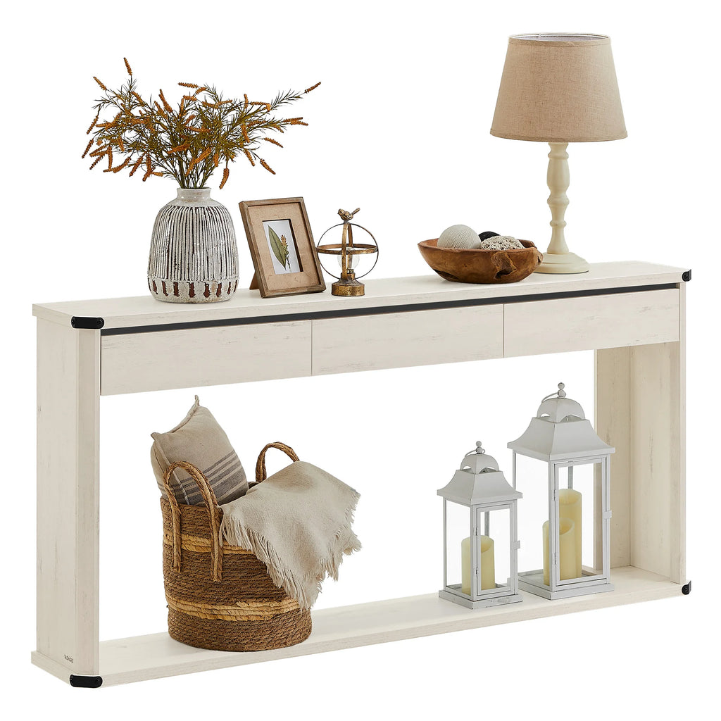 VASAGLE Console Table, 63 Inches Sofa Table, Narrow Entryway Table, Entry Table with 3 Drawers, Bottom Shelf, Metal Corners